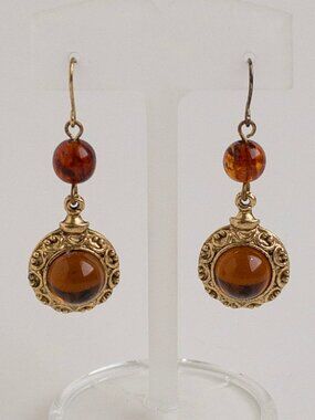 Vintage Gold Tone Amber Acrylic Cabochon Drop Dangle Earrings Ornate